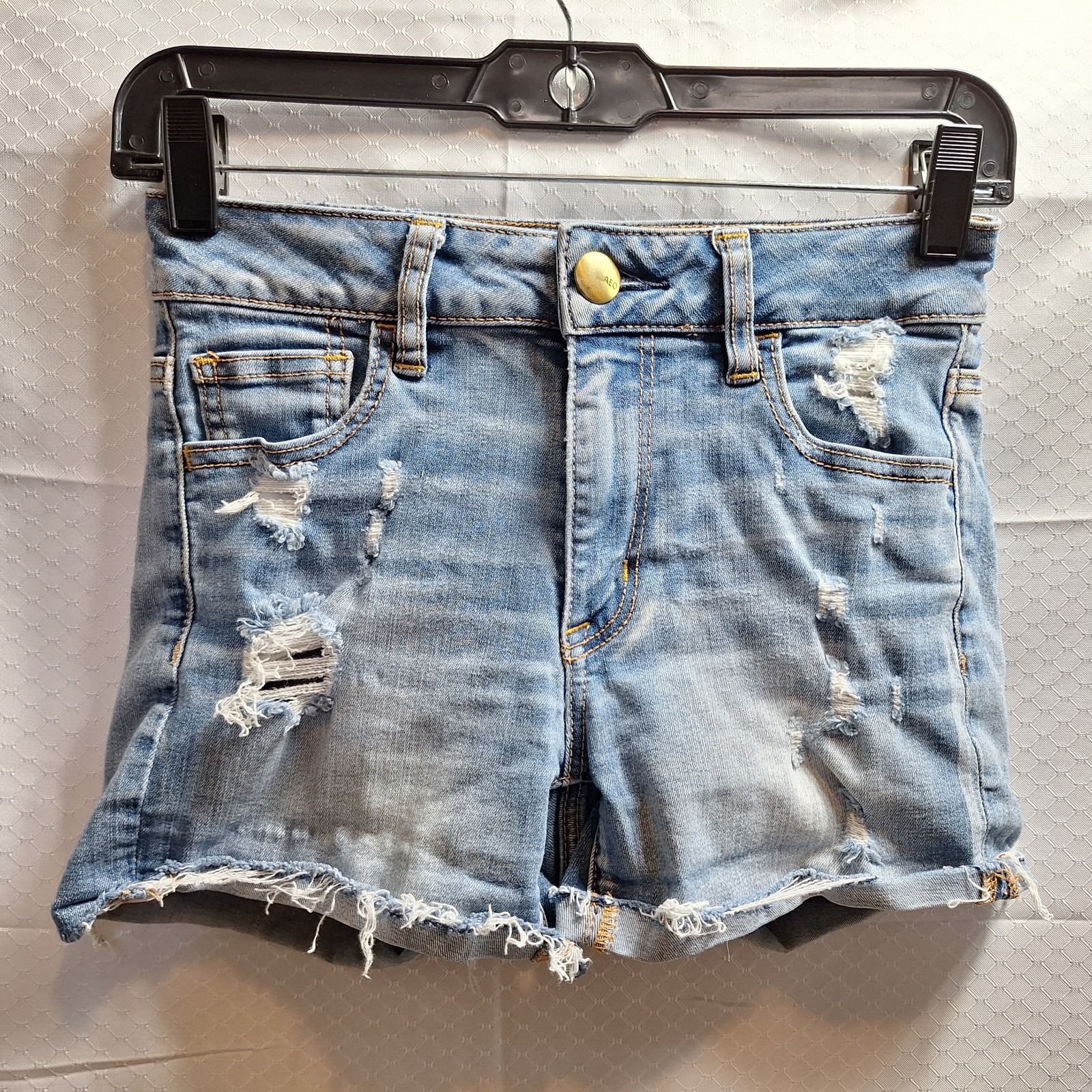American Eagle Super Stretch Hi-Rise Shortie Denim Short Sz 0 Blue Distressed